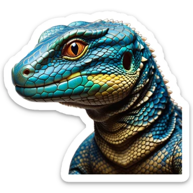 Cinematic Noble Monitor Lizard Portrait Emoji, Poised and regal, with a robust, scaled body exhibiting striking, mottled patterns and piercing, alert eyes, Simplified yet sharp and sophisticated features, highly detailed, glowing with a soft, earthy glow, high shine, intelligent and formidable, stylized with an air of ancient wilderness, focused and commanding, soft glowing outline, capturing the essence of a watchful and confident reptilian guardian that appears ready to stride out of the screen with effortless authority! sticker