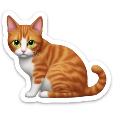 A red-haired cat with green eyes sits in front of a pink Christmas tree sticker
