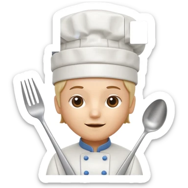 rounded square mobile app logo design, 3d icon of a chef's hat and a fork combined, subtle gradient, minimal soft blue background, flat design, clean, professional food service icon sticker