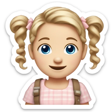 A toddler girl with 2 tiny pig tails on top of her hair with tiny bows, fair skin, blue eyes, light brown hair, smiling, wearing a pastel shirt sticker