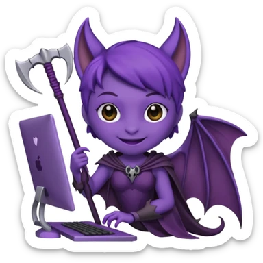 a happy purple girlie bat holding a scythe while sitting in front of her computer sticker