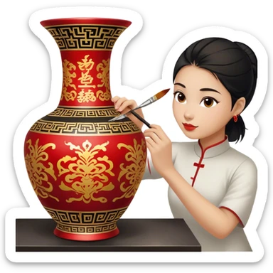 Chinese metal painting icon, process of painting Chinese patterns on a metal vase, visible fine paintbrush in hand, intricate brushstrokes with vibrant red, gold, and black colors, metal surface with detailed designs in progress, minimalistic style, clean lines, transparent background. sticker
