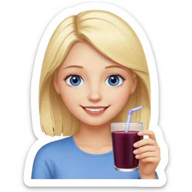 blonde girl with blue eyes drinking elderberry juice, smiling sticker