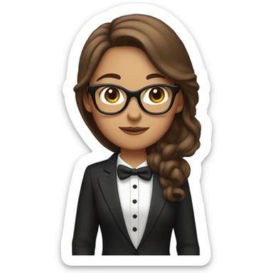 Woman with long brown hair and glasses with tuxedo cat sticker