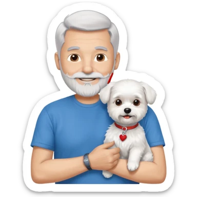 handsome gentleman, 60 years old, silver hair in crew cut style, full beard, wearing a blue t-shirt, smiling and holding a maltese dog sticker