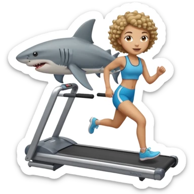 Short Light skin girl with short curly hair riding a shark on a treadmill   sticker