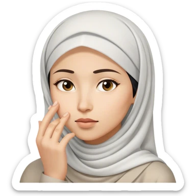 a white asian Muslim woman are thinking something. Her eyes rolling to up right. Her hand touching face. sticker