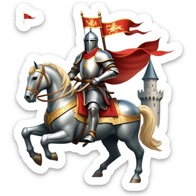 An icon representing an adventure game, inspired by medieval fantasy worlds. The design features a noble knight in gleaming armor, riding a powerful warhorse through a misty battlefield. The backdrop includes towering castles and banners flying in the wind, evoking a sense of honor, duty, and epic quests. Transparent background. sticker