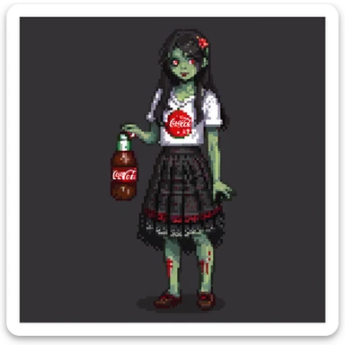 Generate an Asian girl, dark-haired, she's a zombie, wearing a skirt with lace, slightly torn,
Holding a bottle of Coca-Cola in her hands.
Background: a dark street in the style of Gotham City  sticker