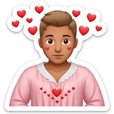 Happy man in nightgown with hearts around him. He has a tattoo sticker