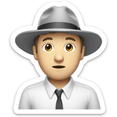 tim robinson wearing a grey fedora white shirt only looking scared and sad facing left - fabric attached to back of hat covering neck sticker
