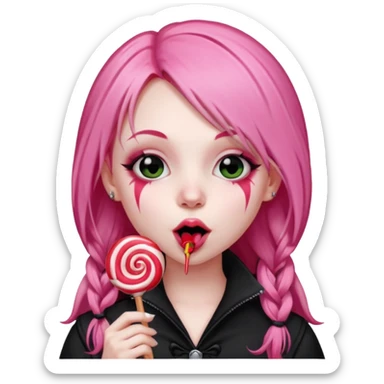 Cute Goth girl with long pink hair licking a lolli sticker
