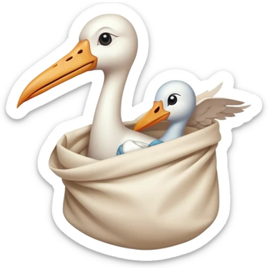 stork delivering a human baby in a white cloth bag sticker