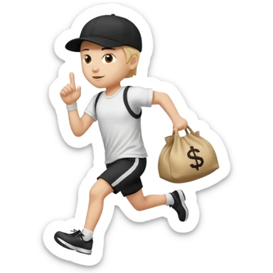 Thief with black cap white t-shirt with black Stripes emoji runing with money bag sticker
