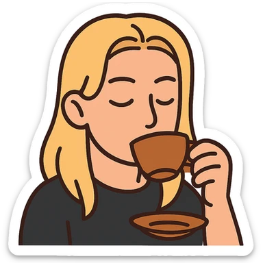 flat toon style emote of a long blonde male sipping tea, no background sticker