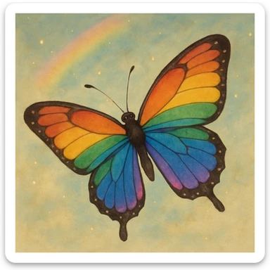 a butterfly in ghibli style, gentle shading, magical atmosphere, rainbow pride colors sticker