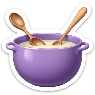 a lilac ceramic mixing bowl with a wooden spoon stirring sticker
