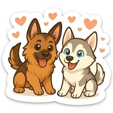 Keep the chibi German Shepherd and Husky dogs with hearts as in the reference image, but make the background translucent (transparent). sticker