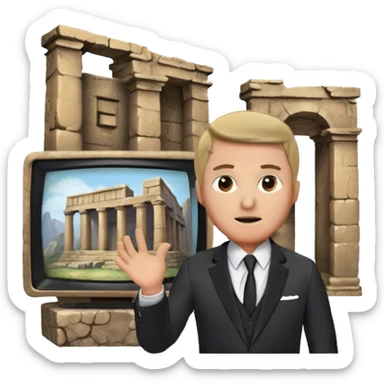 Icon for Documentary Film (TV style): a host presenting in front of video footage showing ancient ruins. The design should evoke a vintage TV broadcast with historical content, complete with a clear view of the host and the ruins behind. Transparent background. sticker