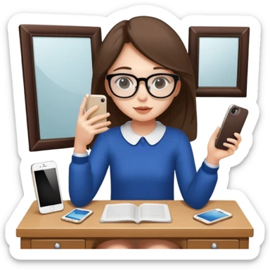 Girl sitting at vanity taking out picture with iphone 15 plus and study materials on the vanity sticker