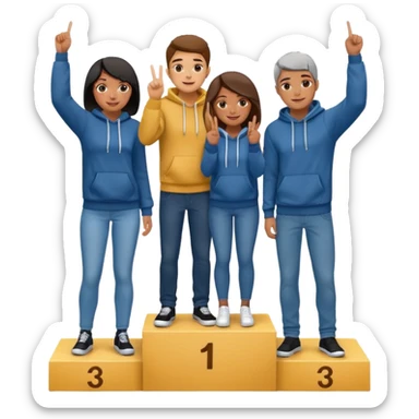 three multi-racial people in jeans and hoodies on a winners podium, center step higher, no numbers, center person holds up one finger on each hand, cheerful fun expressive emoji style sticker