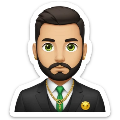 green eyes, dark short hair, muscular shoulders, gold chain, big lips big nose big eyes, masculine good looking, dark beard wearing a suit buttons of the shirt open and olive skin tone  sticker