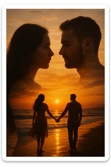 Una doppia esposizione cinematografica di noi di profilo, con un paesaggio di spiaggia al tramonto integrato nella silhouette.
La scena interna ci mostra entrambi camminare sulla sabbia bagnata, tenendoci per mano, con le onde del mare che si infrangono è facile e un cielo colorato dagli ultimi raggi di sole. Atmosfera calda e intima, toni dorati arancioni, dettagli fini ed espressivi, risoluzione 8K. sticker