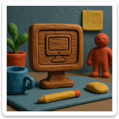 Make the computer monitor icon look more like it is carved from wood, with visible wood grain, natural brown tones, and carved details, in a claymation style. sticker