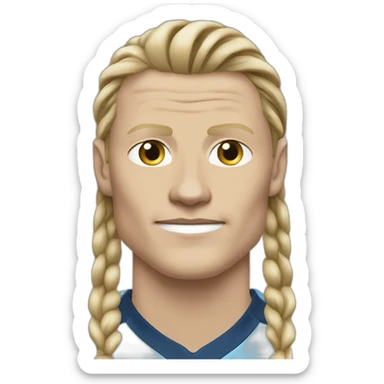 Realistic Erling Haaland has long hair, catogan. He is wearing Manchester City football shirt sticker