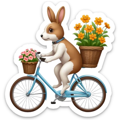 Dog in a flower basket of a bike wich is cycling of a rabbit sticker