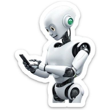a humanoid robot looking at his iphone sticker