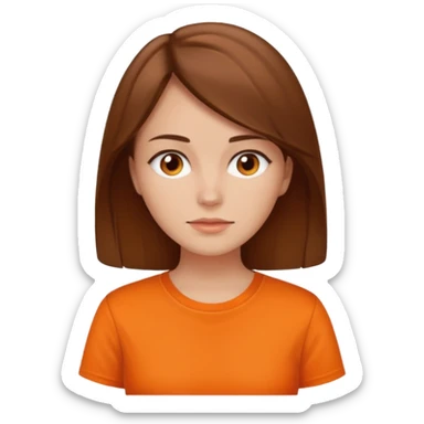 brown haired woman no smile with orange shirt sticker