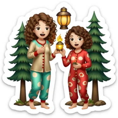 pajama forest duo — long wavy brown hair tattooed woman and short tight curly brown hair woman — mushroom pajamas yawning with lantern sticker