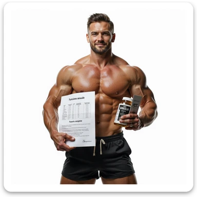 hyper realistic bodybuilder in sportswear showing a PCT chart and a brochure with Italian text 'Funzione sessuale', supplements next to him, positive atmosphere, caption 'PCT: recupero completo', isolated on white background sticker