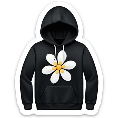The BLACK Hoodie has a solid black base, accented with distinctive white open flower spots. Each flower has an empty space in the center, creating a hollow, ring-like appearance. These patterns are scattered across the hoodie for a bold and unique design. sticker