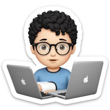 A baby boy DEVELOPER WITH A laptop, black curly hair and topknot, wearing glasses sticker