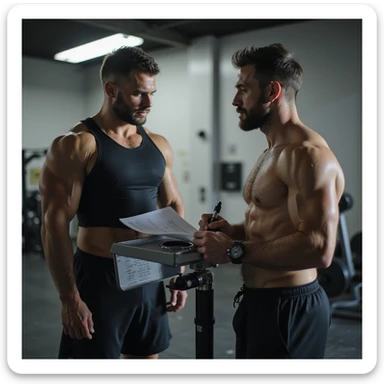 hyperrealistic 4K scene of athlete weighing on scale, coach noting data on monitoring sheet, gym environment, detailed sticker
