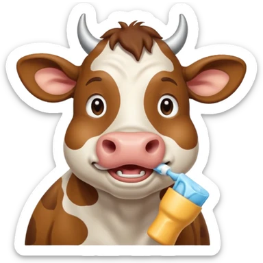 A cow brushing its teeth, looking sleepy and drowsy, portrait, bust up sticker
