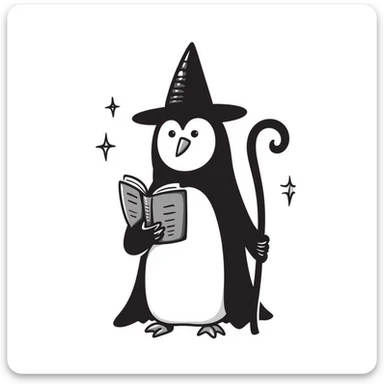 Penguin wizard with pointed hat, magical staff, and spell book sticker