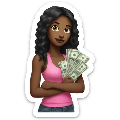 Black girl with long black hair and pink tank top on holding lots of money  sticker