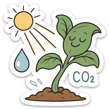 cartoon-style whole plant absorbing sunlight, with subtle hints of water and CO2, transparent background sticker