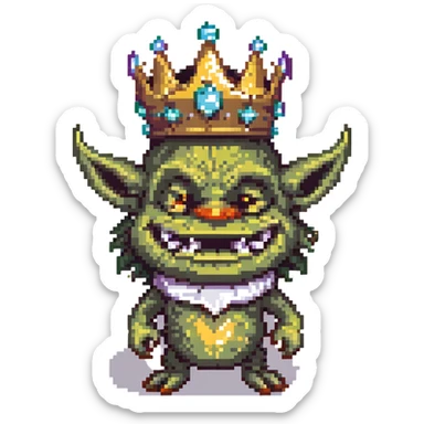 happy goblin king, pixel art, grinning, small crown sticker