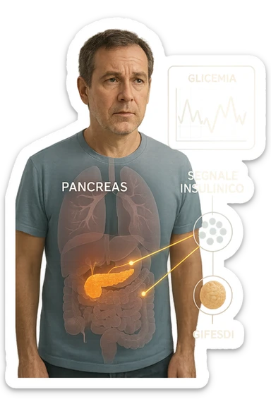 a middle-aged man stands in a clinical setting, with a semi-transparent overlay showing his internal organs. His pancreas is highlighted, and glowing lines or icons indicate disrupted insulin signaling between the pancreas and muscle or fat cells. The man’s expression is slightly concerned, and a digital chart beside him displays fluctuating blood sugar levels. The lighting is realistic, with a clean, modern medical background. scritte in italiano sticker
