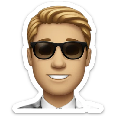 white guy in black suit with brown hair and black non-shinethrough sunglasses sticker