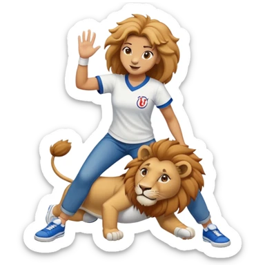 friendly anthropomorphised female lion wearing a baseball shirt, jeans, and trainers, helping another character up after falling down sticker
