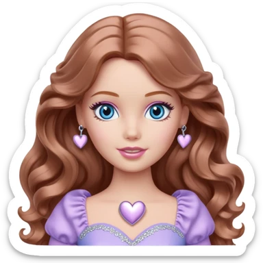 Barbie girl Chestnut long wavy hair and blue eyes is In pale purple clothes There are silver hearts all around sticker