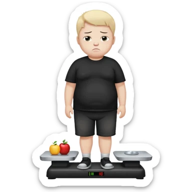 sad fat young boy in black t shirt on weight scale  sticker