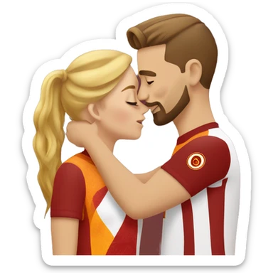 A blonde woman with a brown-haired man who has a goatee and shaved sides are kissing each other while wearing Galatasaray jerseys. sticker
