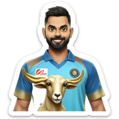Virat kohli in blue jersey with golden goat sticker