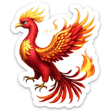 Cinematic Noble fierce & powerful Fire Phoenix Portrait Emoji, Poised and resplendent, with a radiant, fiery plumage in brilliant hues of scarlet, gold, and ember, featuring elongated, elegant tail feathers that flow like molten lava, and piercing, wise eyes reflecting the eternal cycle of rebirth; rendered with lifelike texture and luminous natural highlights, high shine, majestic and awe-inspiring, styled with an aura of mythic resurgence, focused and regal, soft glowing outline, capturing the essence of a legendary phoenix rising from the flames with timeless grace! sticker